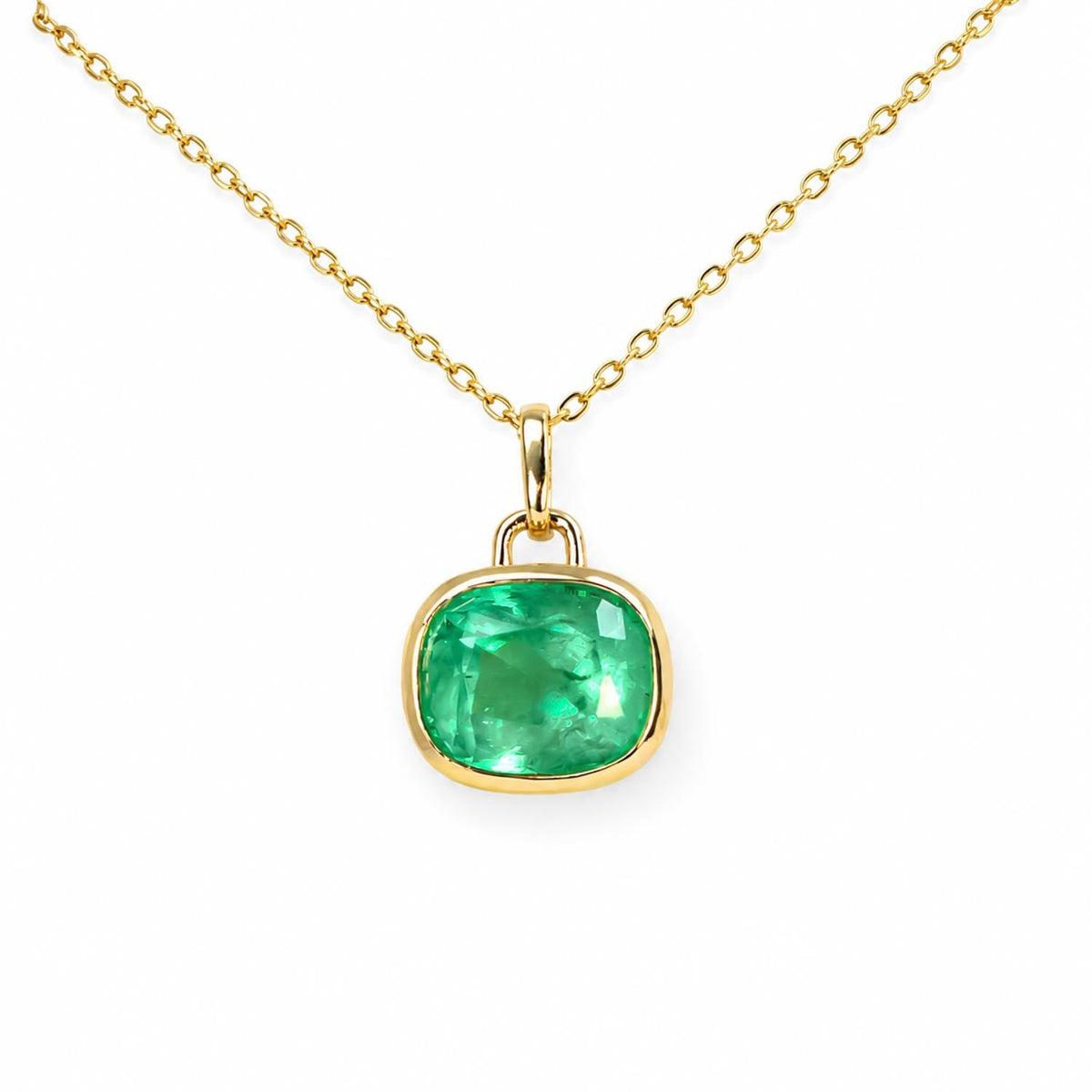 3.08ct Cushion Cut Colombian Emerald Pendant in 18K Yellow Gold