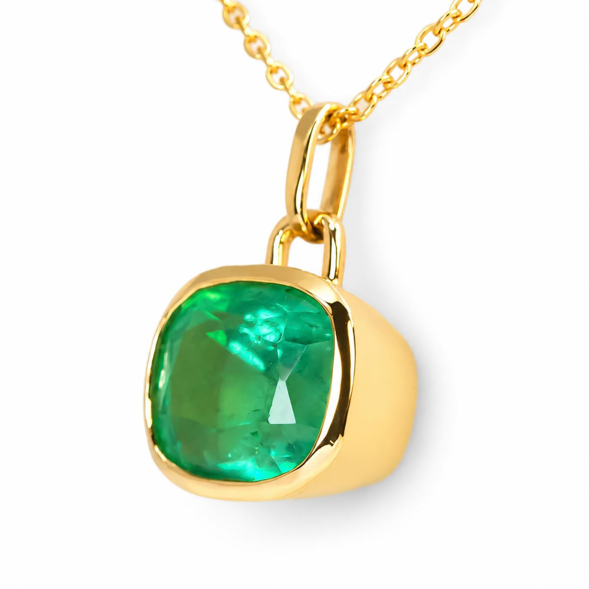 3.08ct Cushion Cut Colombian Emerald Pendant in 18K Yellow Gold