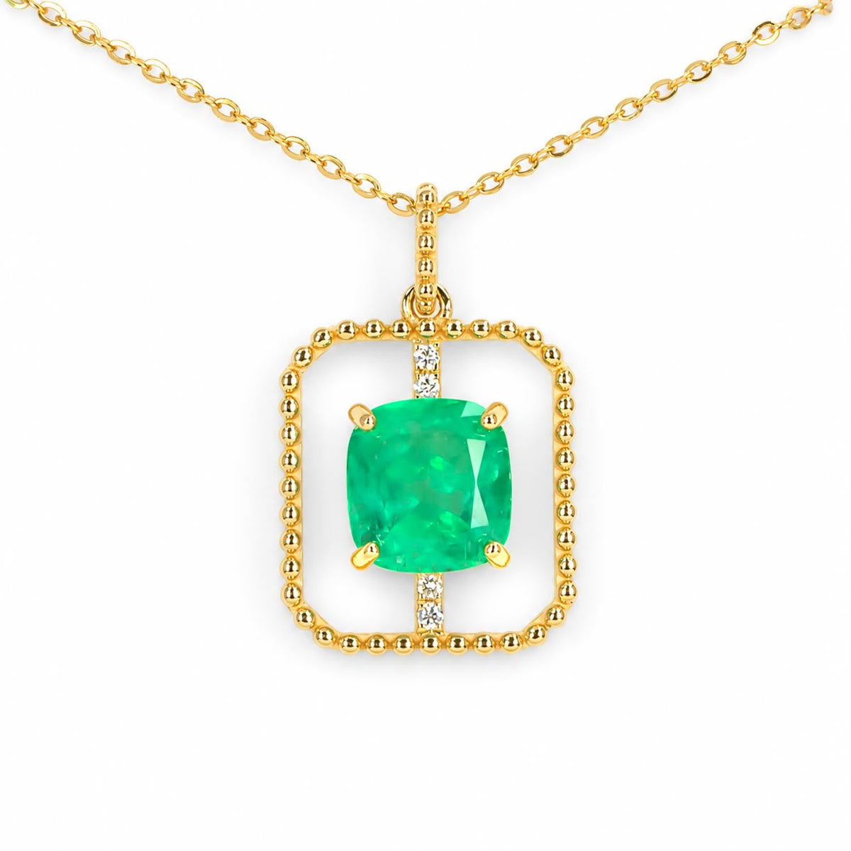 2.5ct Cushion Cut Colombian Emerald Pendant in 18K Yellow Gold