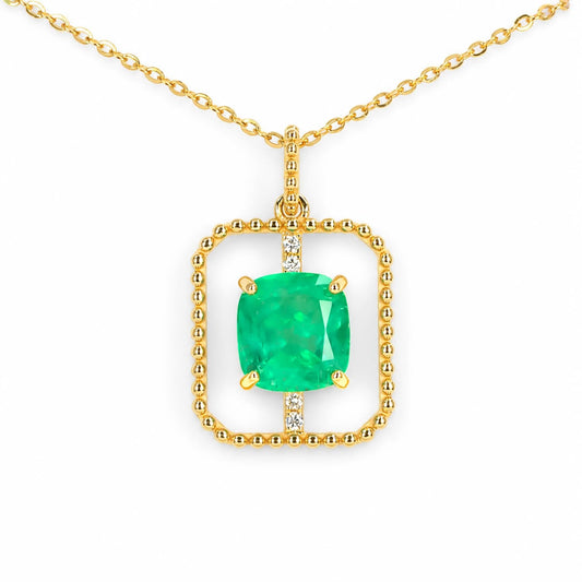 2.5ct Cushion Cut Colombian Emerald Pendant in 18K Yellow Gold