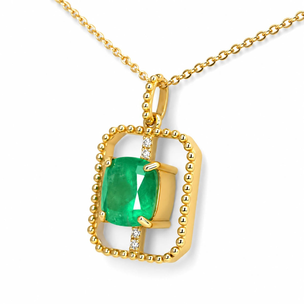 2.5ct Cushion Cut Colombian Emerald Pendant in 18K Yellow Gold