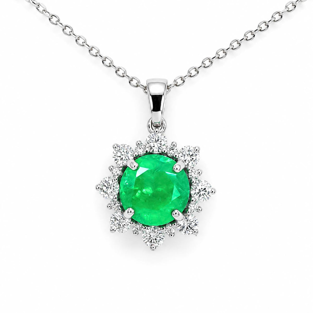 Round Colombian Emerald Pendant with Diamond Halo in Platinum 950