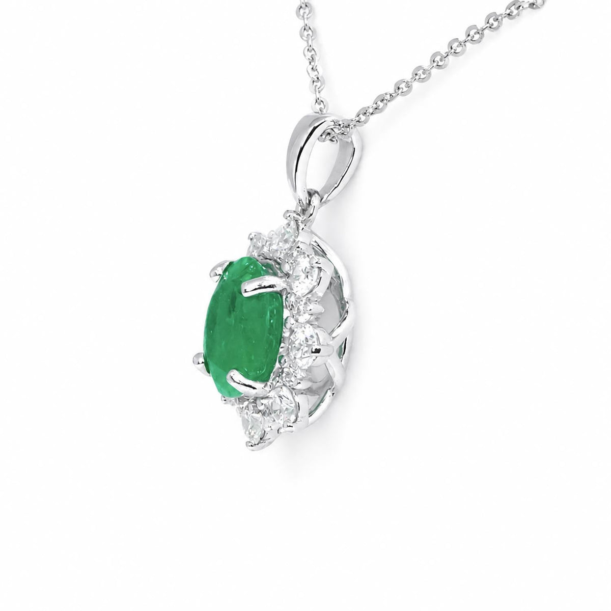 Round Colombian Emerald Pendant with Diamond Halo in Platinum 950
