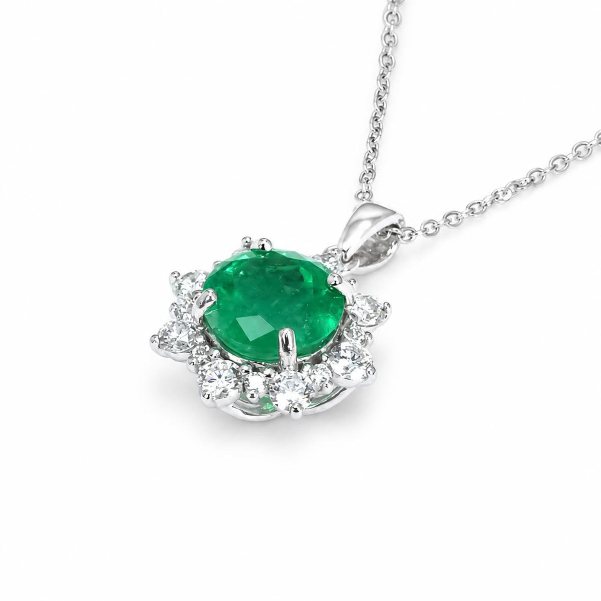 Round Colombian Emerald Pendant with Diamond Halo in Platinum 950