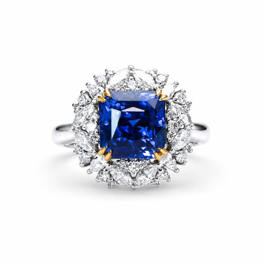 5.14ct Natural Blue Sapphire and Diamond Halo Dress Ring in Platinum and 18K Yellow Gold
