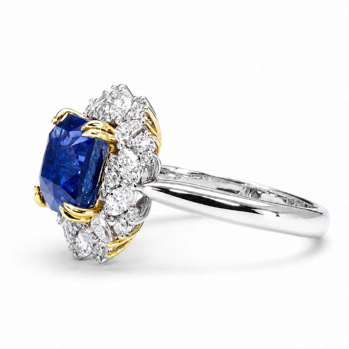 5.14ct Natural Blue Sapphire and Diamond Halo Dress Ring in Platinum and 18K Yellow Gold