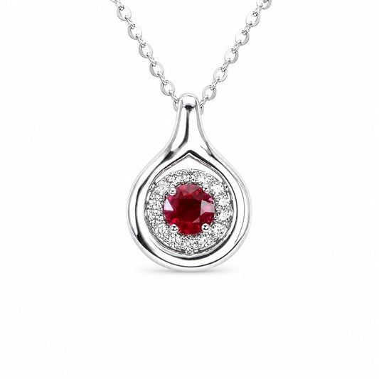 Round Ruby and Diamond Halo Pendant in White Gold
