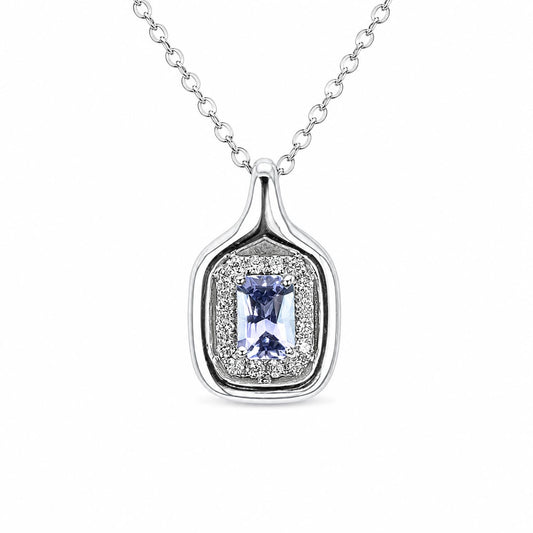 white gold pendant necklace holding a centre violet sapphire surrounded by a halo of diamonds and suspended from a silver chain