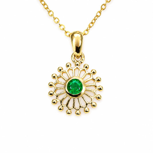 Sunburst Pendant with Natural Round Colombian Emerald in 18K Yellow Gold