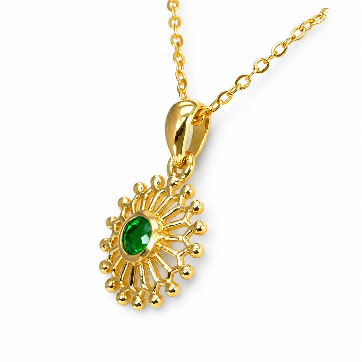 Sunburst Pendant with Natural Round Colombian Emerald in 18K Yellow Gold
