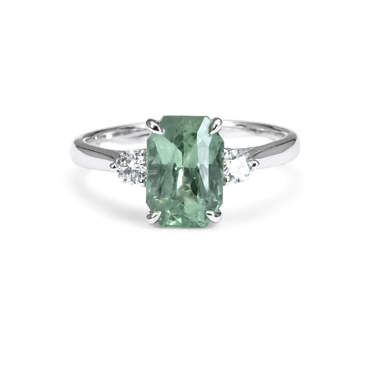Radiant Cut Unheated Green Sapphire Ring in White Gold