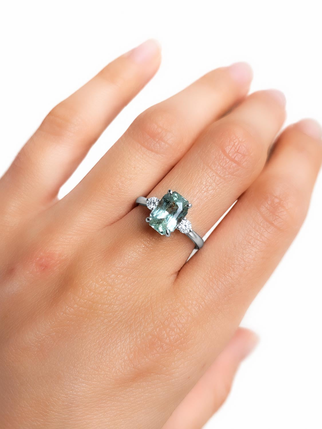 Radiant Cut Unheated Green Sapphire Ring in White Gold