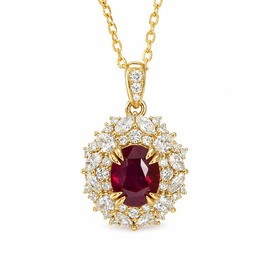 Natural Unheated Ruby and Diamond Cluster Pendant in 18K Yellow Gold