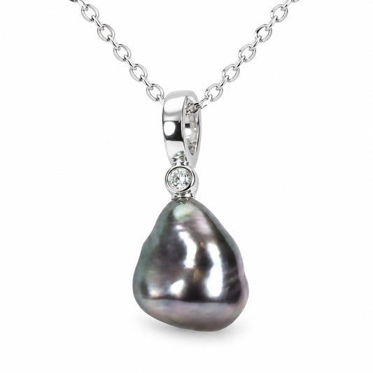 Baroque Tahitian Pearl Pendant with Diamond in 18K White Gold