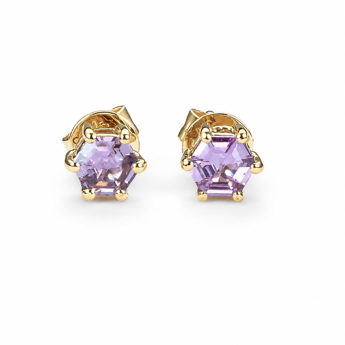 Pink sapphire stud earrings in 18K yellow gold with natural hexagonal cut sapphires