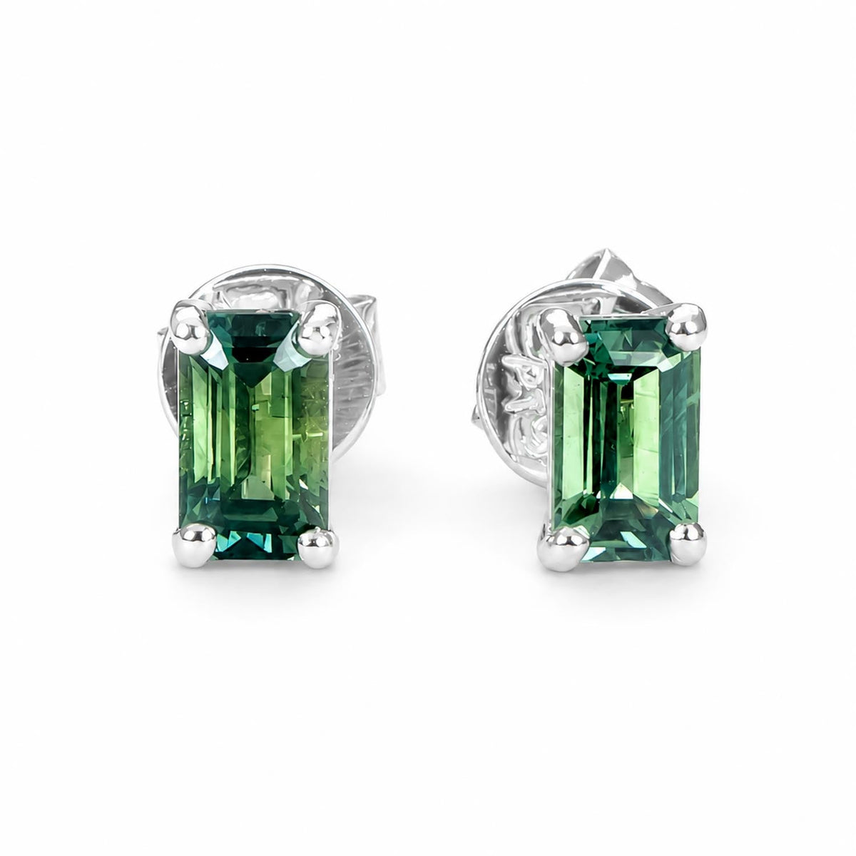 Teal sapphire stud earrings in platinum with emerald cut Australian sapphires