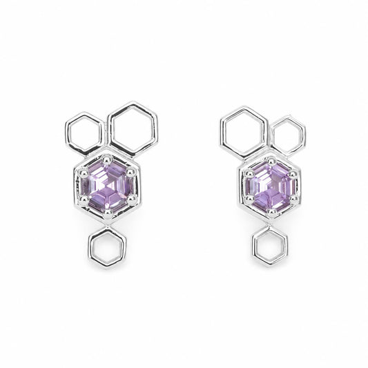 Hexagon pink sapphire earrings in platinum with an open honeycomb design