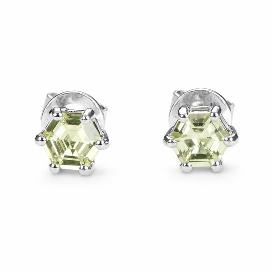 Lime green sapphire studs in platinum with 0.53ct hexagonal cut natural sapphires