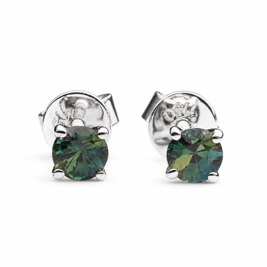 Australian teal sapphire stud earrings in 18K white gold with round cut sapphires