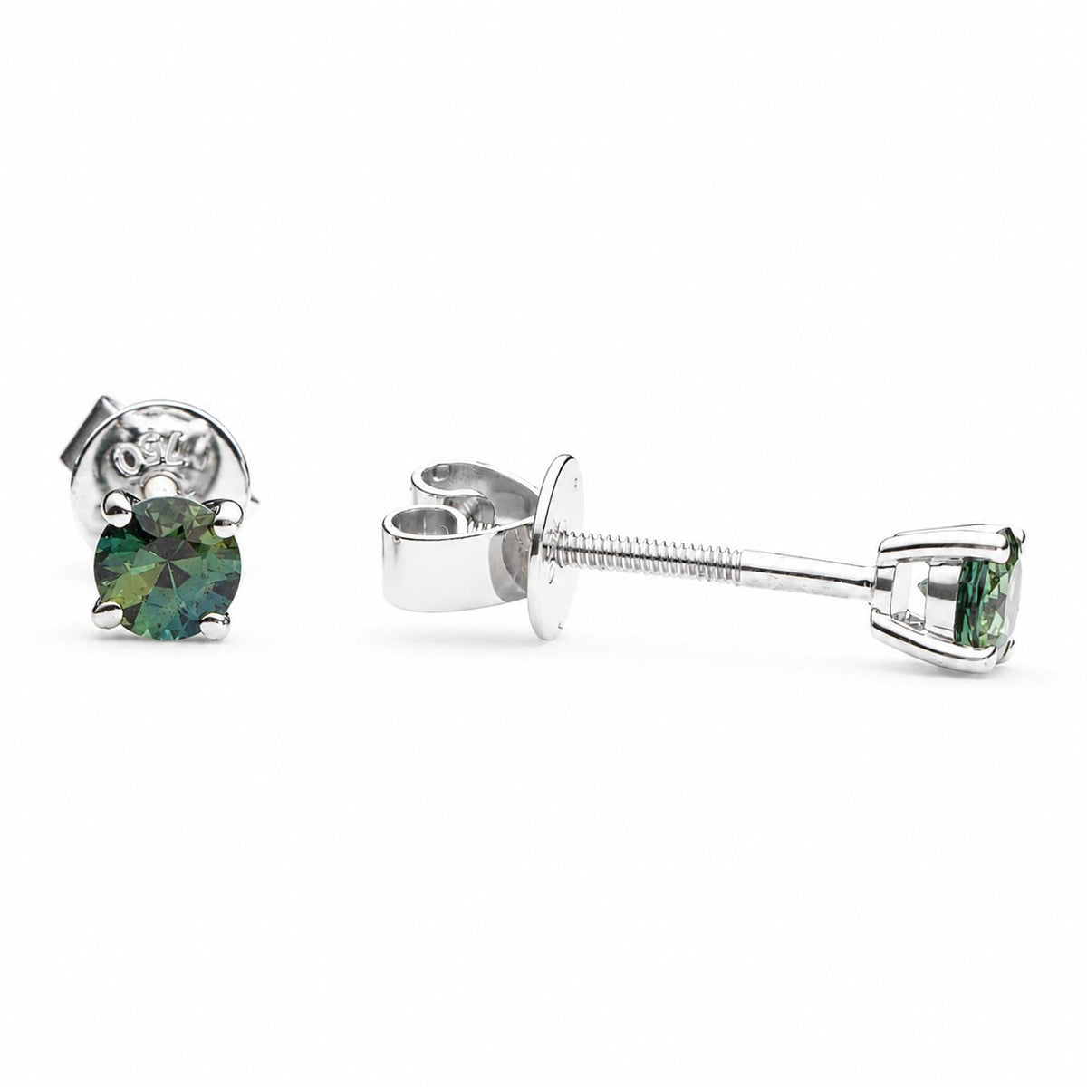 Round cut Australian teal sapphire studs in 18K white gold shown at an angle
