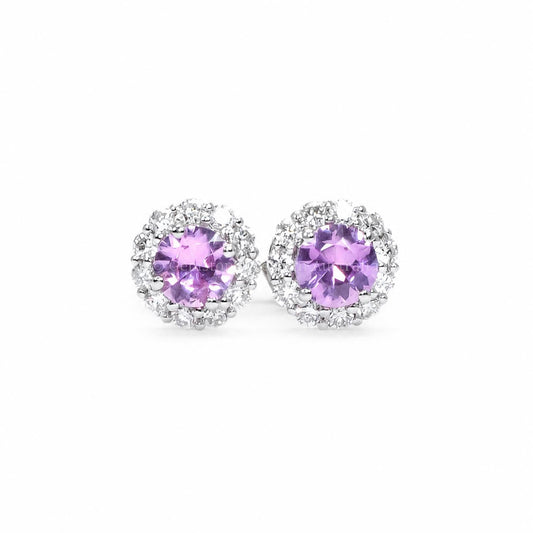 Natural pink sapphire stud earrings with a diamond halo