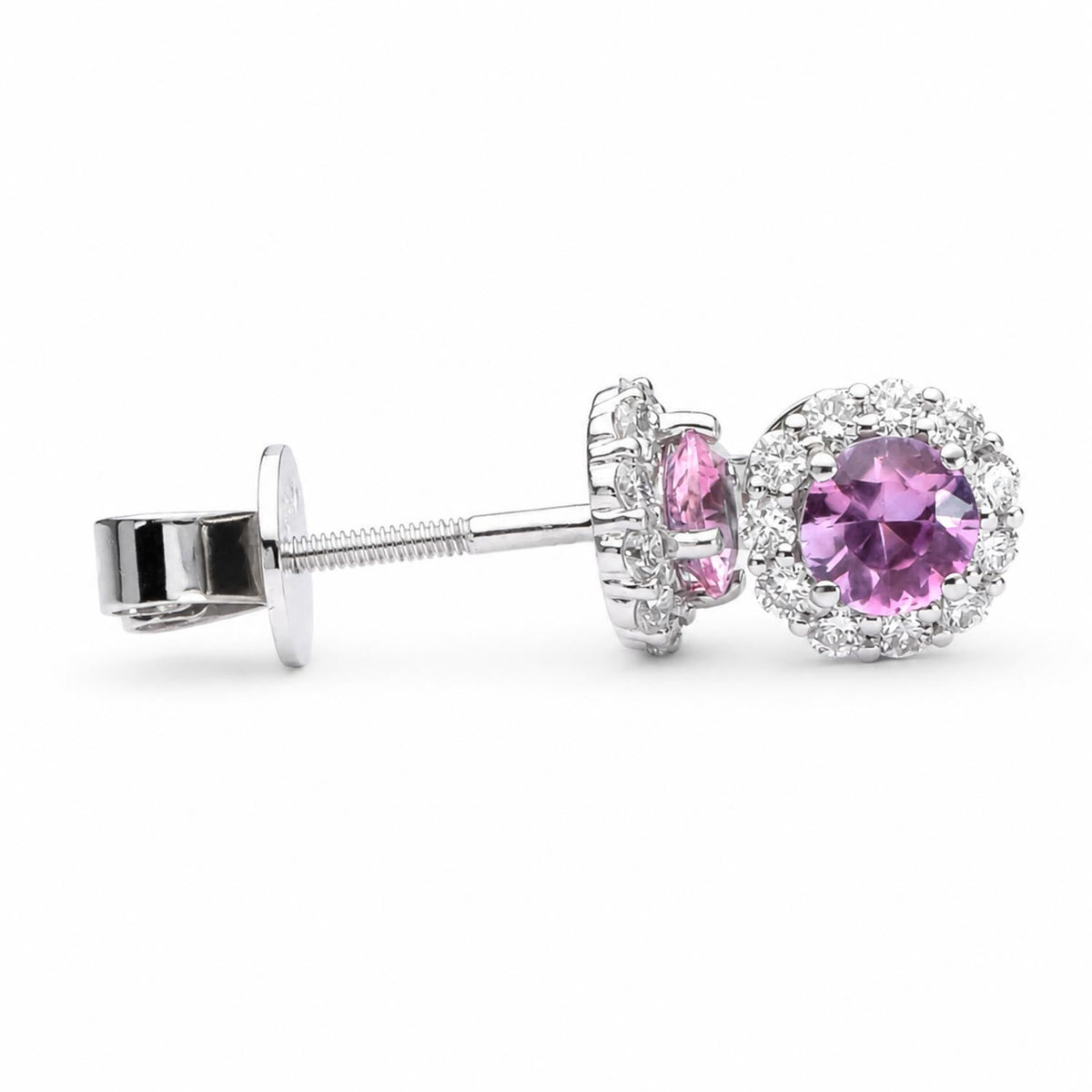 Pink sapphire diamond halo stud earrings shown at an angle