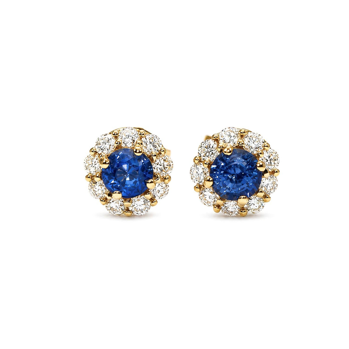 Natural blue sapphire diamond halo stud earrings in 18K yellow gold