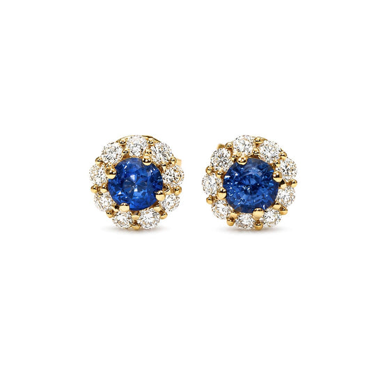 Natural blue sapphire diamond halo stud earrings in 18K yellow gold