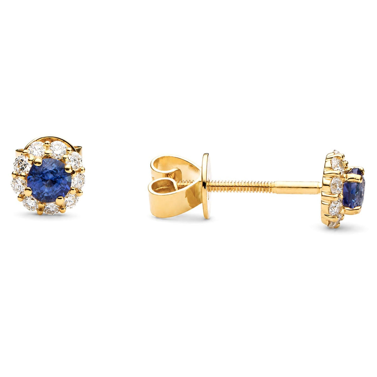 Blue sapphire halo stud earrings in 18K yellow gold, close detail