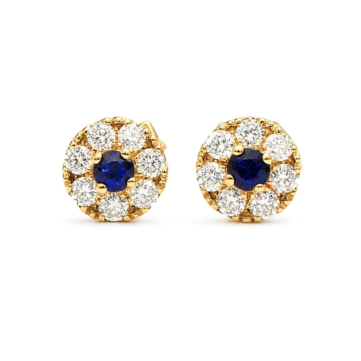 Natural blue sapphire and moissanite halo stud earrings in 9K gold
