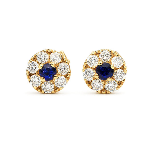 Natural blue sapphire and moissanite halo stud earrings in 9K gold