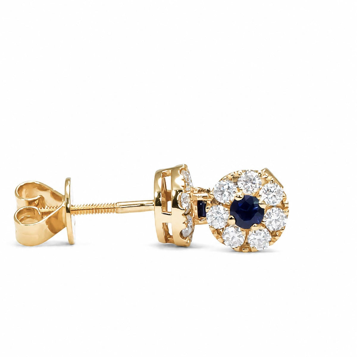 Blue sapphire and moissanite halo studs in 9K gold shown at an angle
