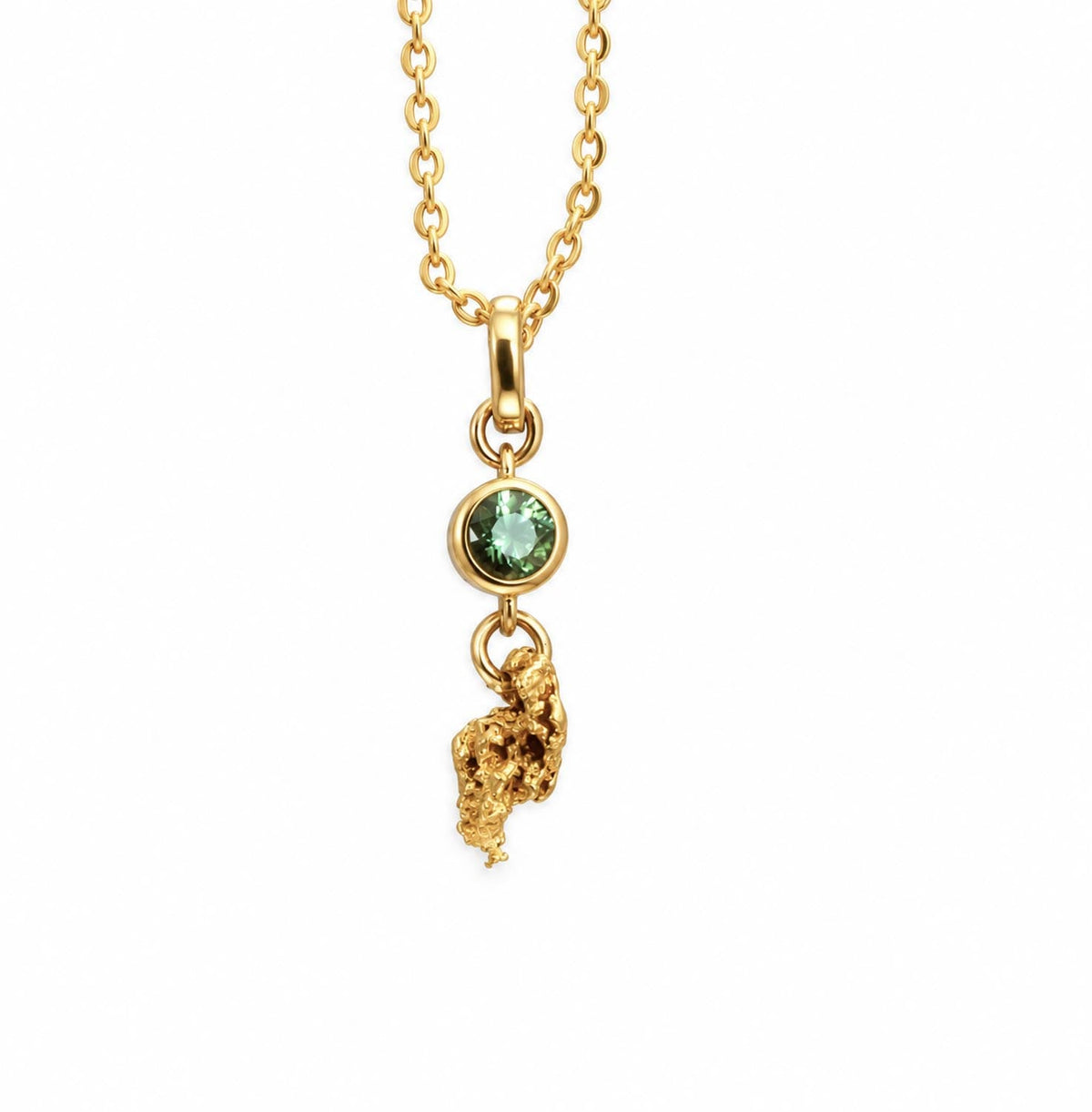 Side view of the recycled Western Australian gold nugget and sapphire pendant