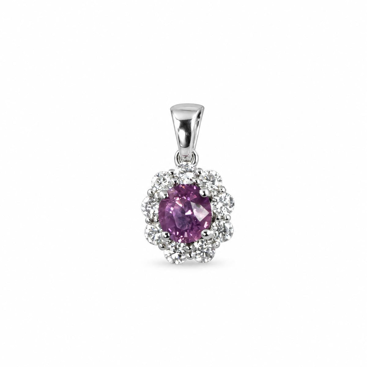 Pink sapphire moissanite halo pendant in platinum 950 shown at an angle