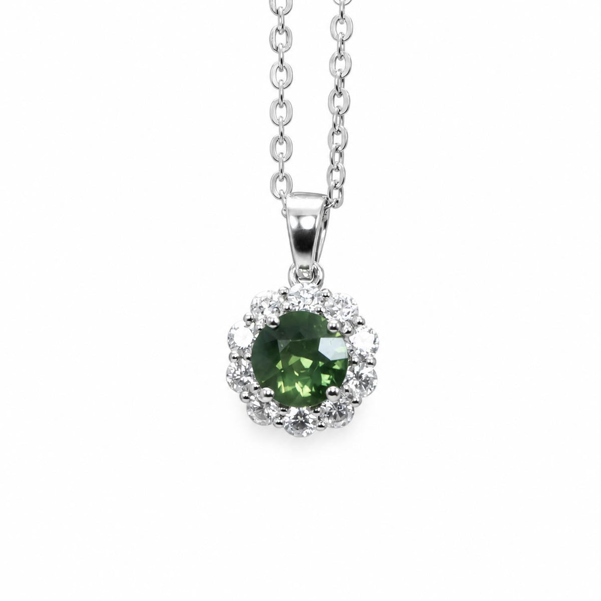 Australian teal green sapphire pendant with a moissanite halo in platinum 950