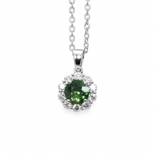 Australian teal green sapphire pendant with a moissanite halo in platinum 950