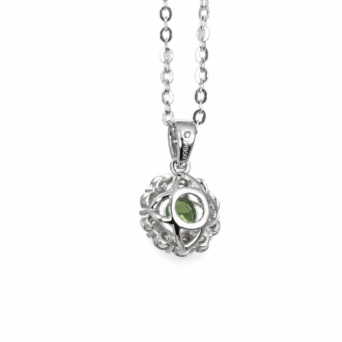 Teal green sapphire moissanite halo pendant in platinum 950 shown at an angle