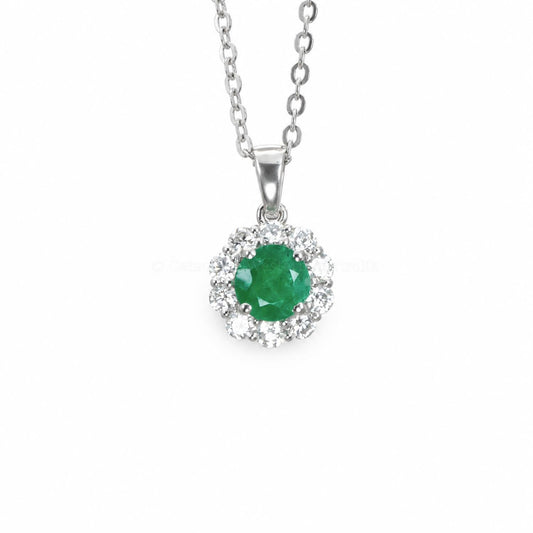 Natural Colombian emerald pendant with a moissanite halo in platinum 950