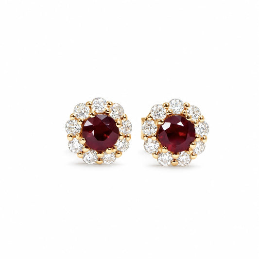 Natural ruby stud earrings with a moissanite halo in 9K yellow gold