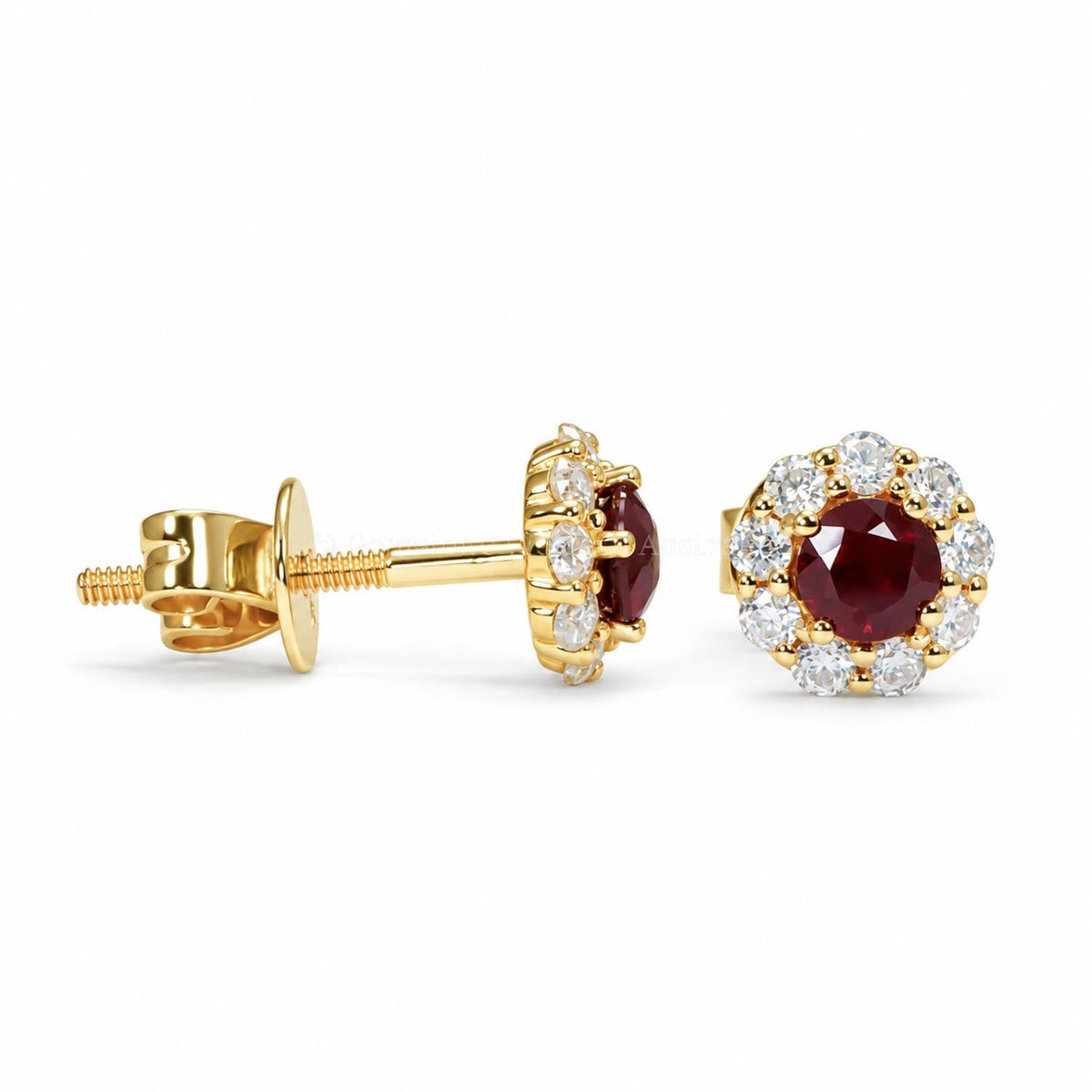 Ruby and moissanite halo studs in 9K yellow gold shown at an angle