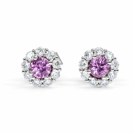 Pink sapphire halo stud earrings in platinum 950