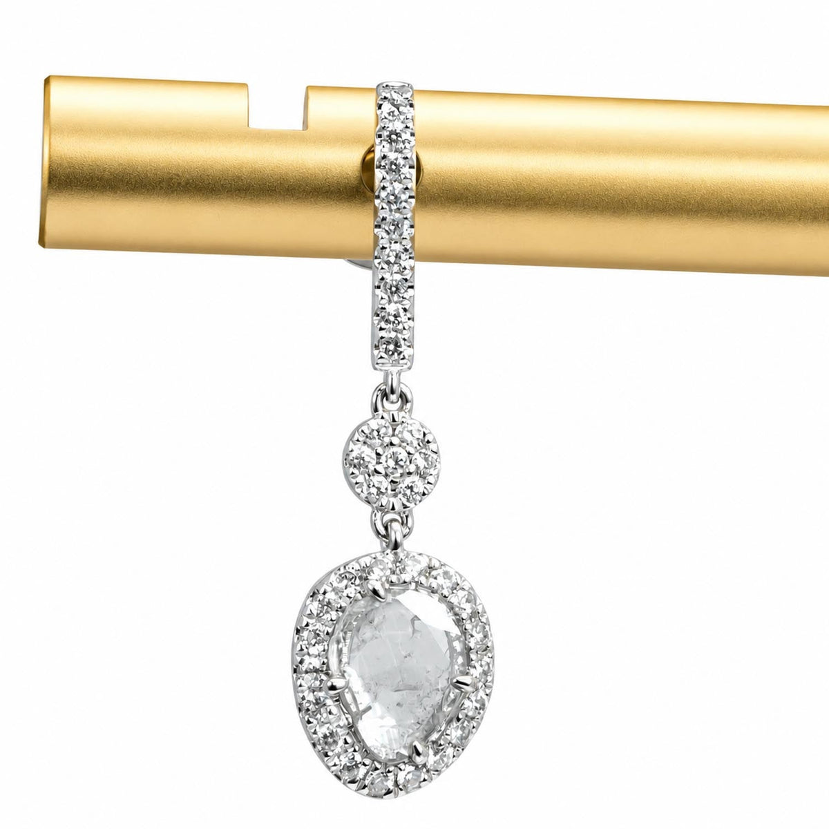 Salt and pepper diamond halo and cluster dangle earrings in 18K white gold