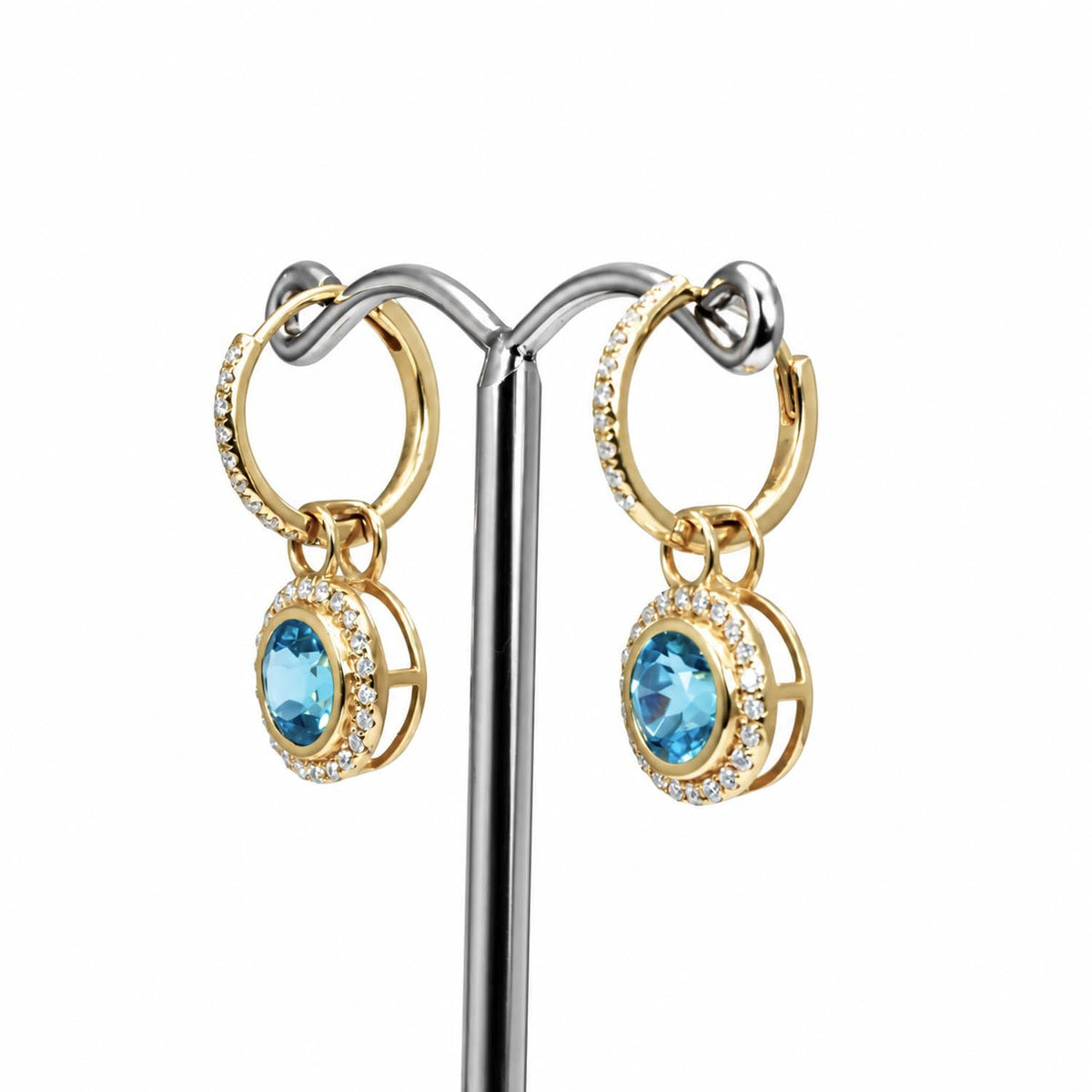Two way hoop Swiss blue topaz and moissanite halo earrings in yellow gold