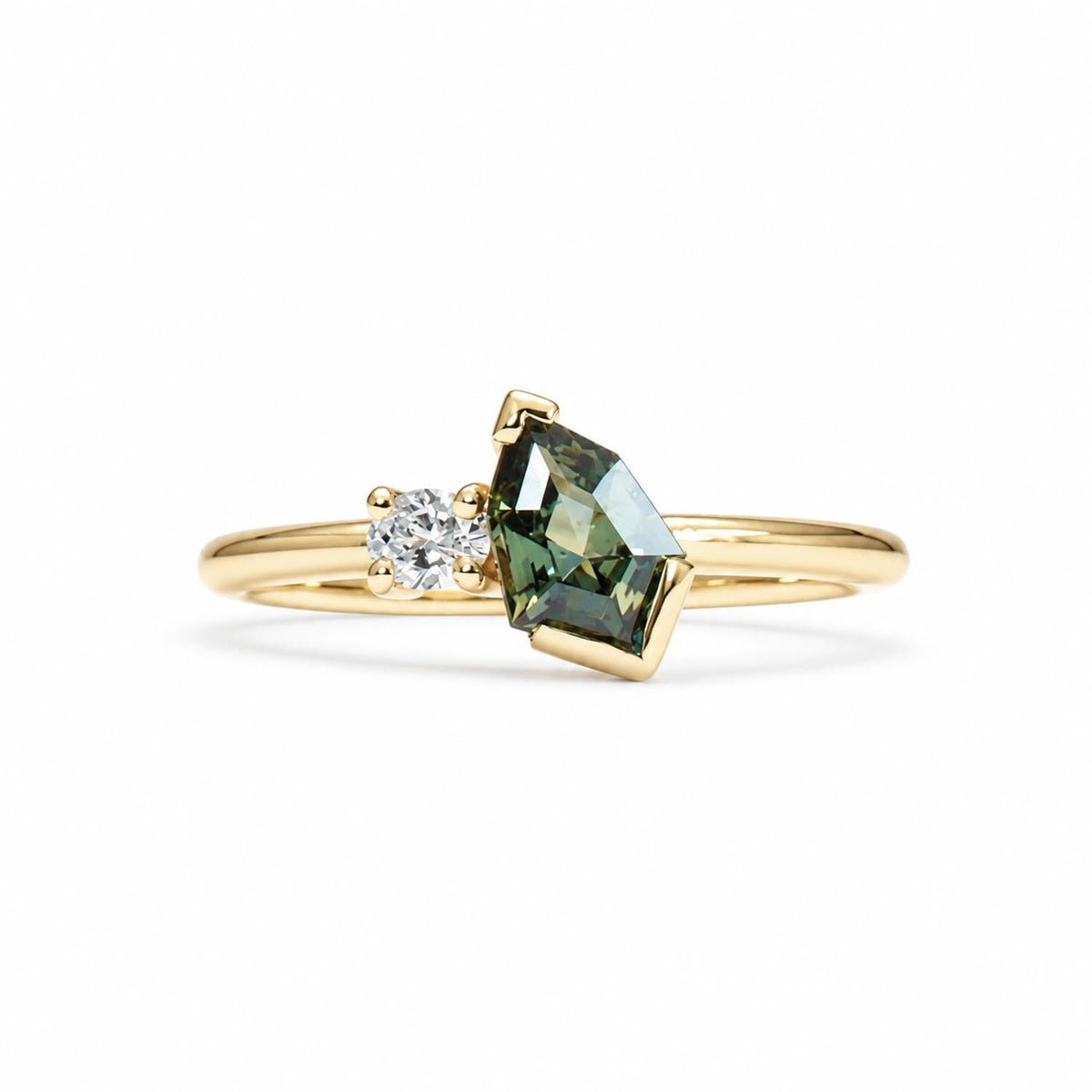 Natural teal sapphire and diamond toi et moi ring in gold