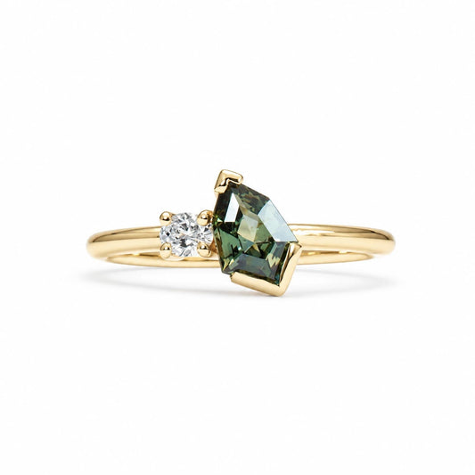 Natural teal sapphire and diamond toi et moi ring in gold