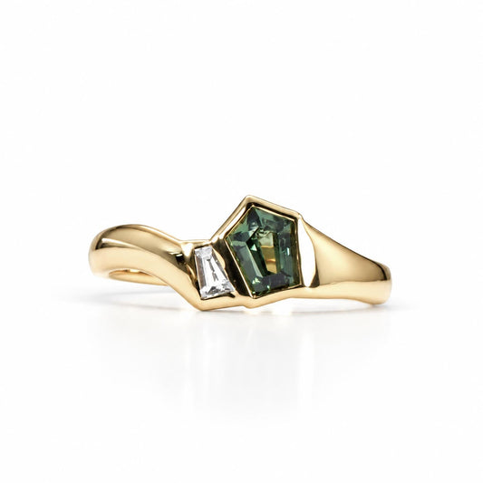 Pentagonal teal sapphire and diamond ring in gold