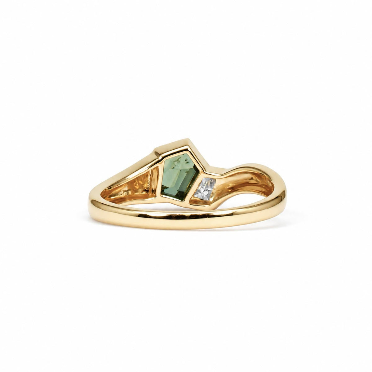 Side profile of the pentagonal teal sapphire and diamond gold ring