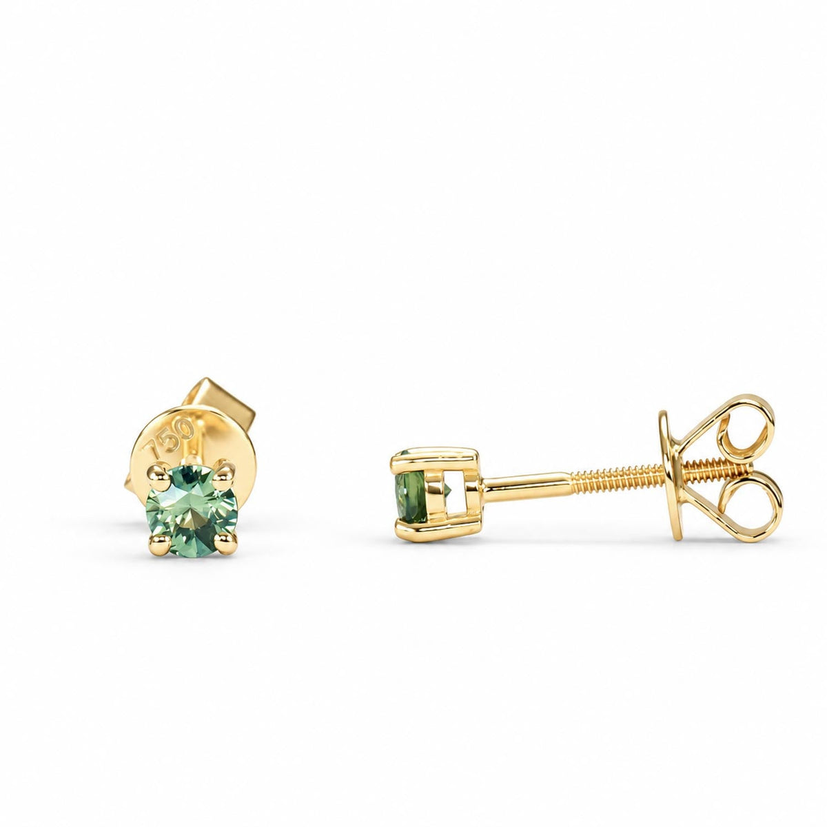 0.37ct Australian teal sapphire studs in 18K yellow gold shown at an angle