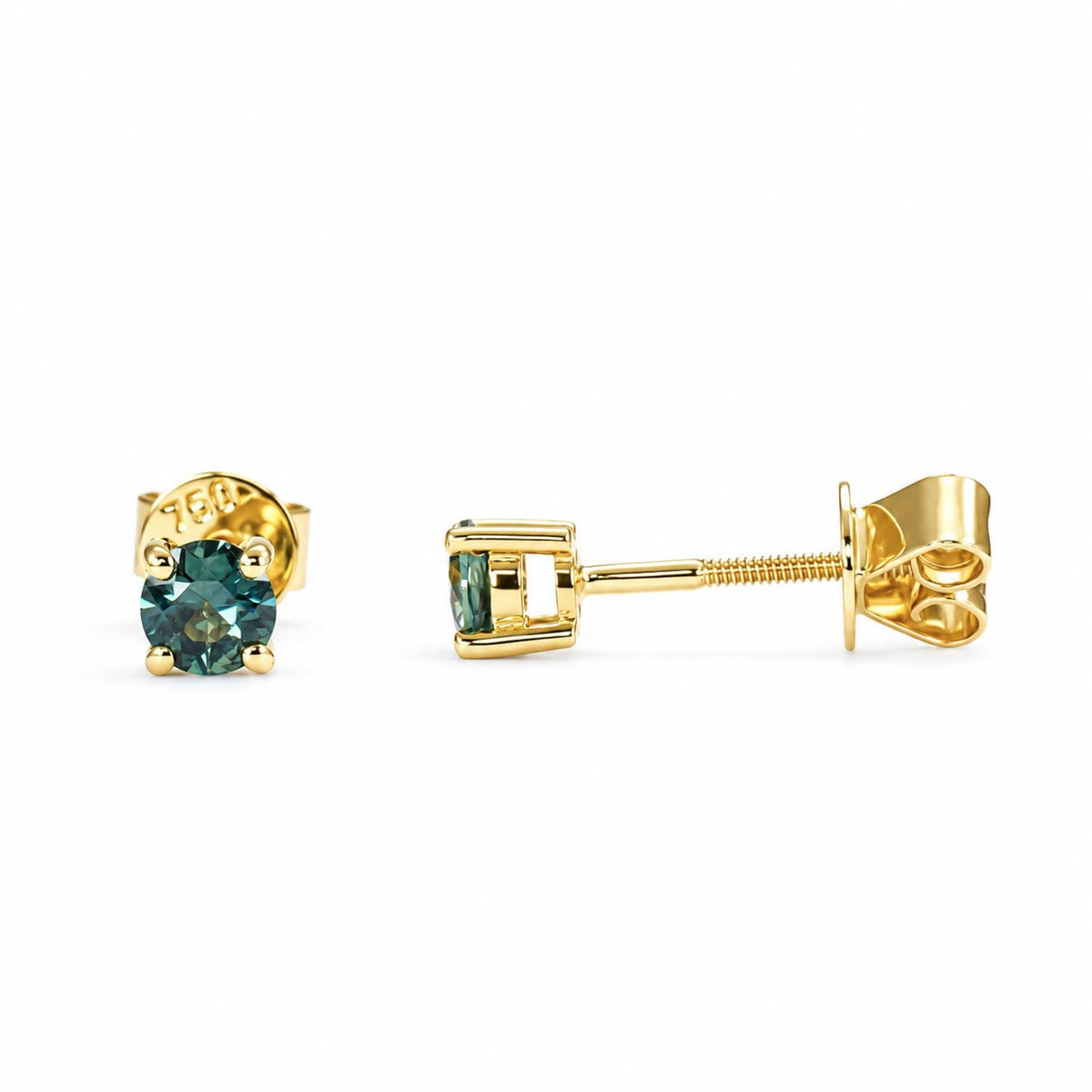 0.53ct Australian teal sapphire studs in 18K yellow gold shown at an angle