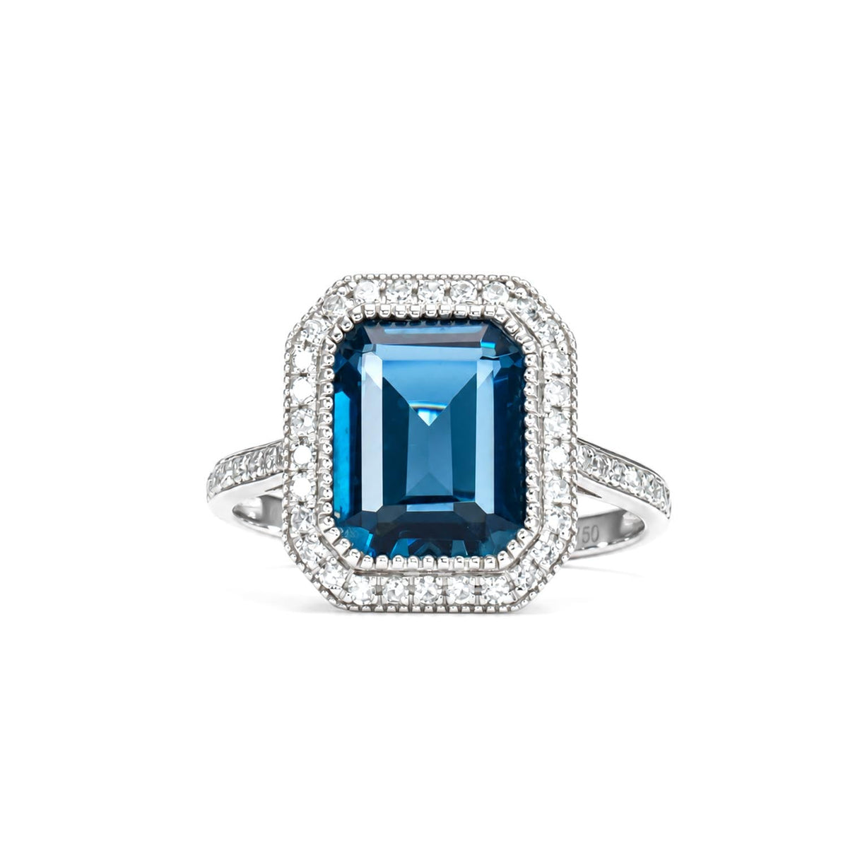 Emerald cut London blue topaz and diamond ring in 18K white gold